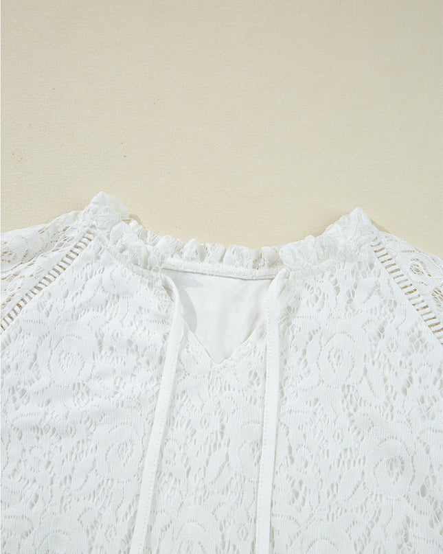 White Tie V Neck Lace Ruffle Detail Long Sleeve Blouse