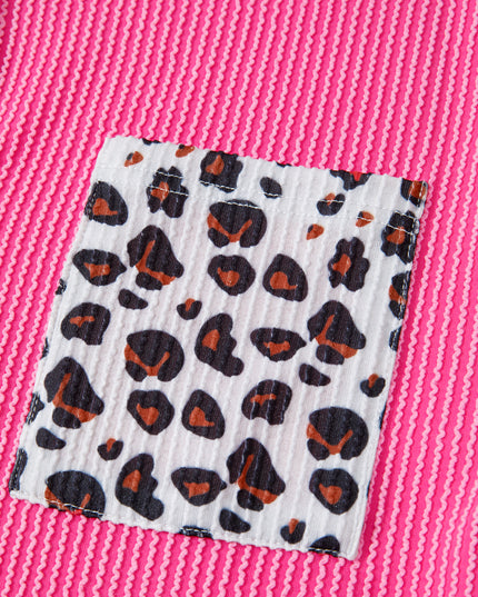 Rose Red Leopard Patched Twisted Ribbed Western Casual Shacket