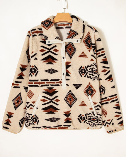 Beige Western Aztec Half Zip Plush Sweatshirt
