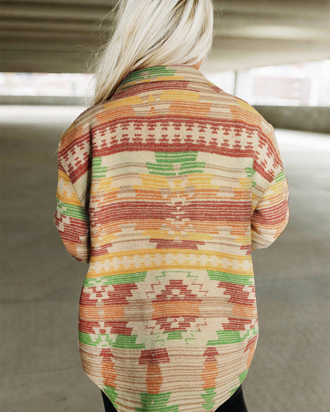 Yellow Western Aztec Print Button Flap Pocket Shacket