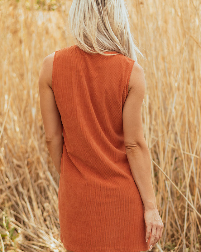 Gold Flame Corduroy Western Embroidered Patched Pocket Shift Sleeveless Mini Dress