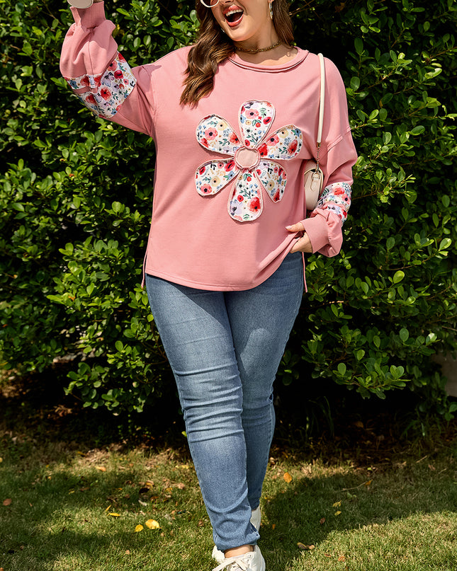 Peach Blossom Plus Size Floral Applique Drop Shoulder Sweatshirt