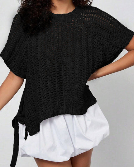 Pink Plus Size Open Knit Bow Tie Short Sleeve Sweater