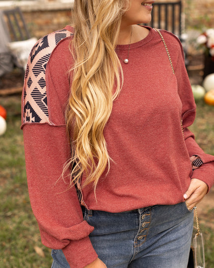 Redwood Burl Aztec Patchwork Drop Shoulder Plus Size High Low Sweatshirt