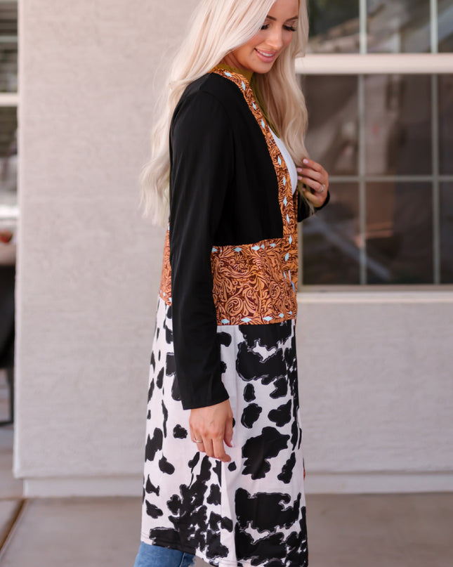 Black Western Pattern Cow Patchwork Open Front Cardigan