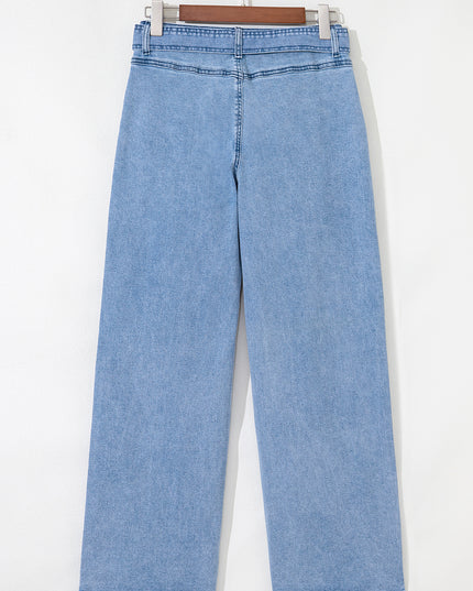 Beau Blue Western Washed Bow Knot Sash Wide Leg Jeans