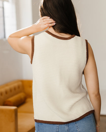 White Horizontal Ribbed Knit Contrast Trim Ties Front Sweater Vest