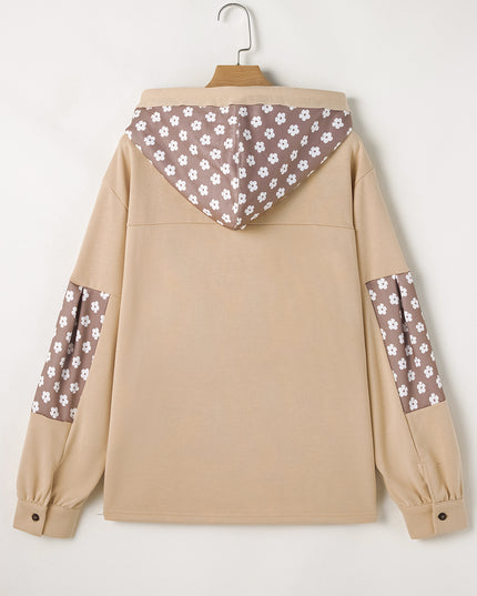 Apricot Floral Patchwork Star Pattern Drawstring Hoodie