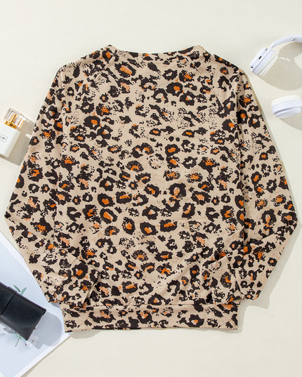 Brown Leopard Bleached Raglan Sleeve Pullover Sweatshirt