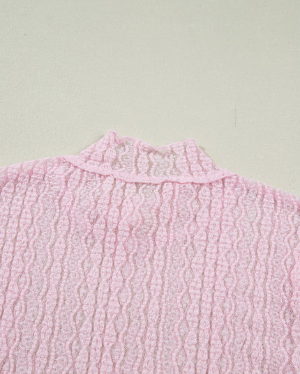 Light Pink Flounced Long Sleeve Mock Neck Sheer Lace Top