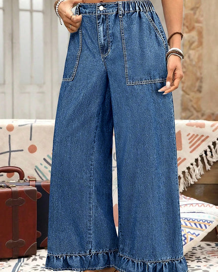 Ashleigh Blue Plus Size Elastic Waist Ruffled Wide Leg Denim Pants