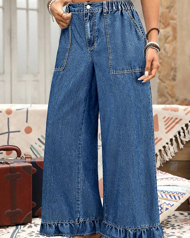 Ashleigh Blue Plus Size Elastic Waist Ruffled Wide Leg Denim Pants