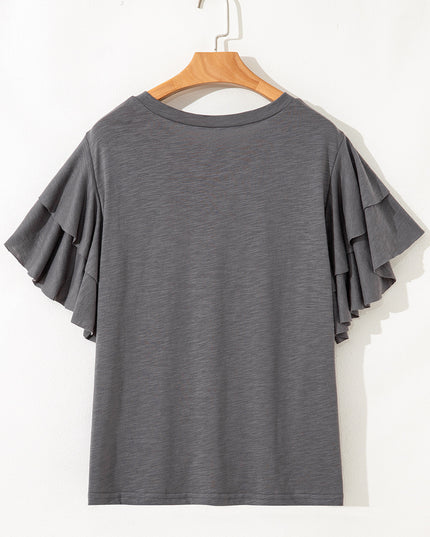 Dark Grey Double Ruffled Short Sleeve Plus Size Top