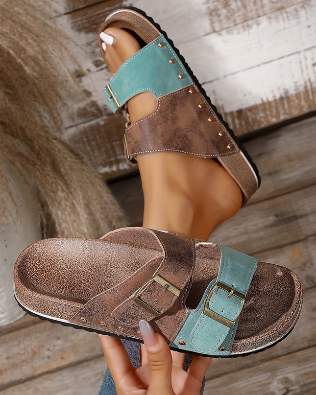 Coffee Leopard Two-tone Retro Buckle Straps Hollowed Faux Suede Slippers
