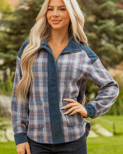 Gray Plaid Corduroy Patchwork Collared Zip Up Snap Button Jacket