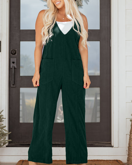 Evergreen Corduroy V Neck Patched Pocket Sleeveless Jumpsuit