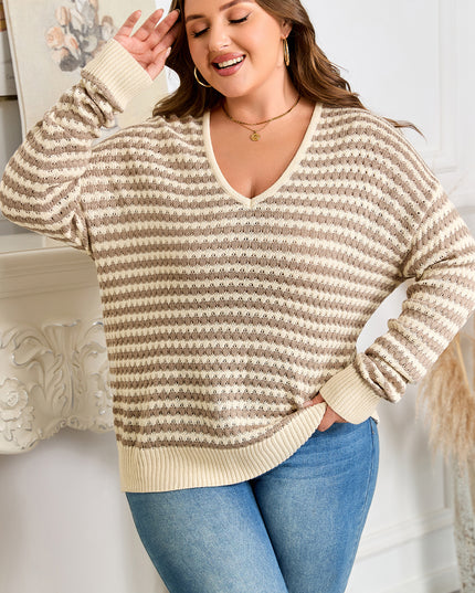 Khaki Stripe Plus Size V Neck Drop Shoulder Sweater