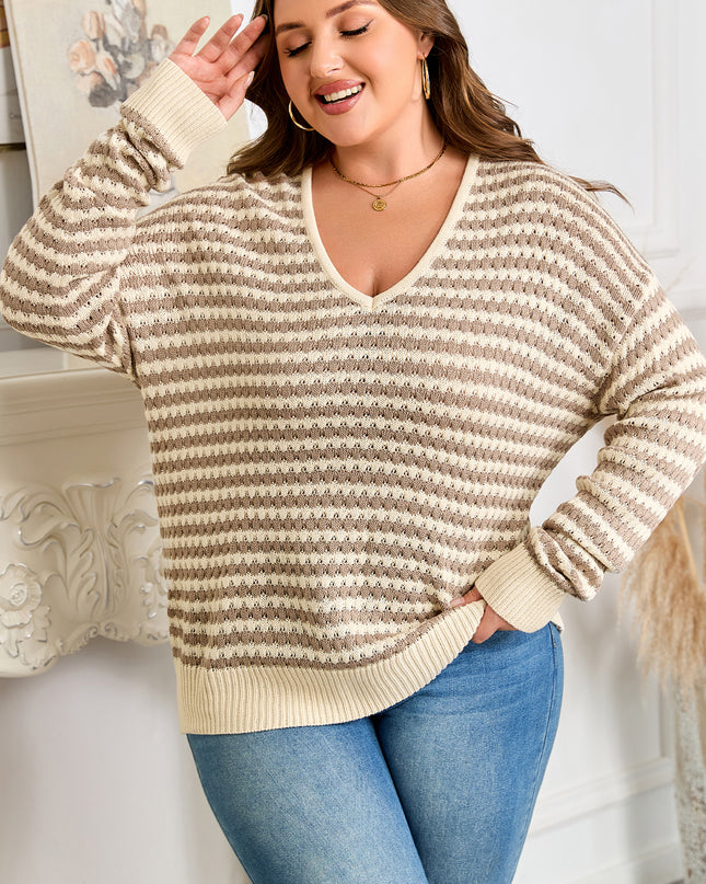 Khaki Stripe Plus Size V Neck Drop Shoulder Sweater