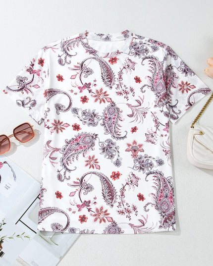 White Vintage Paisley Mock Neck T Shirt