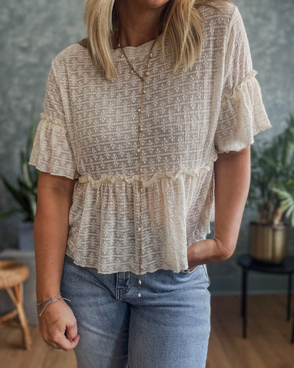 Beige Solid Color Textured Ruffled Short Sleeve Blouse