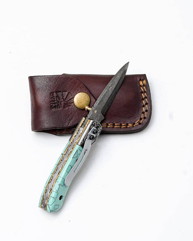 Turquoise Damascus Folding Knife – Hand Engraved Bolster Edition