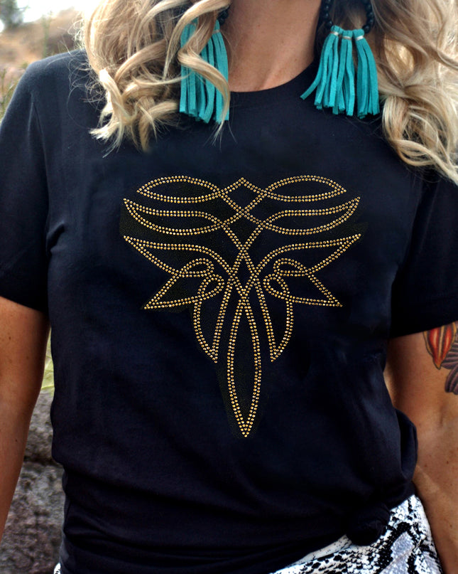Black Rhinestone Western Pattern Cotton Blend Graphic T Shirt