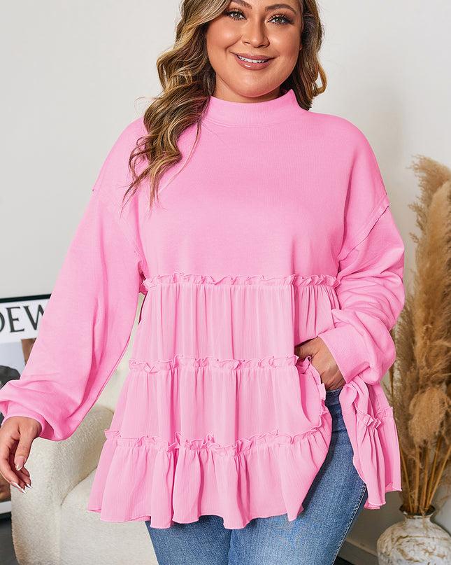 Pink Tiered Ruffle Ribbed Crew Neck Pullover Plus Size Top
