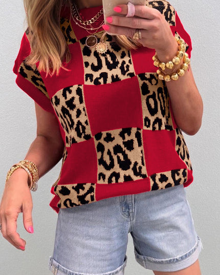 Red Leopard Checkerboard Short Sleeve Knit Sweater
