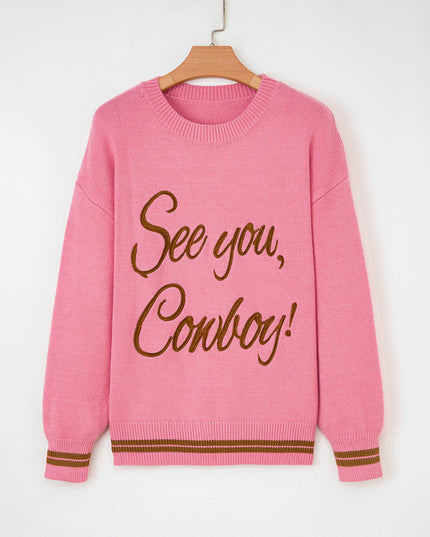 Peach Blossom See You Cowboy Embroidered Western Graphic Sweater