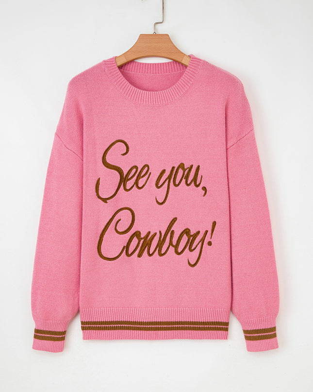 Peach Blossom See You Cowboy Embroidered Western Graphic Sweater