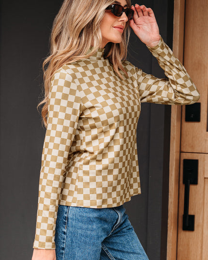 Khaki Check Pattern Turtleneck Ribbed Slim Long Sleeve Tee