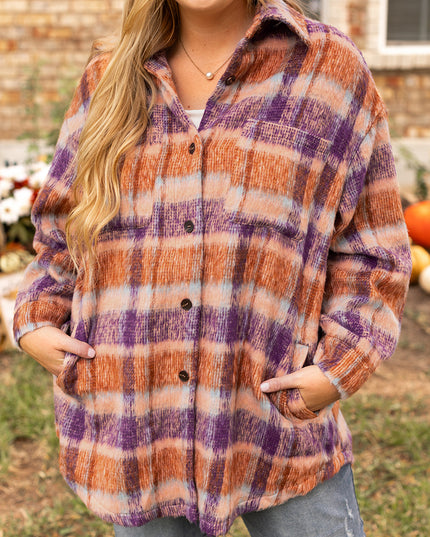 Multicolour Plus Size Plaid Print Collared Button up Jacket
