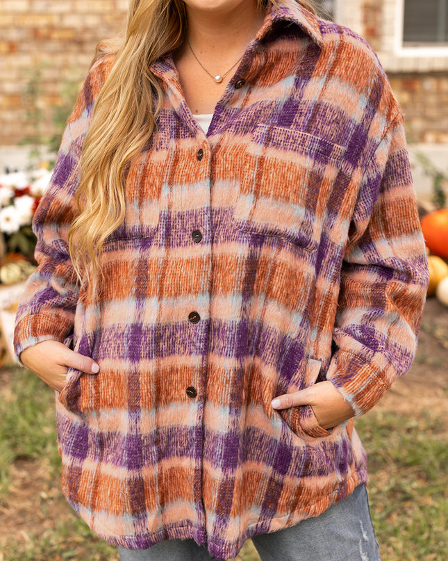 Multicolour Plus Size Plaid Print Collared Button up Jacket