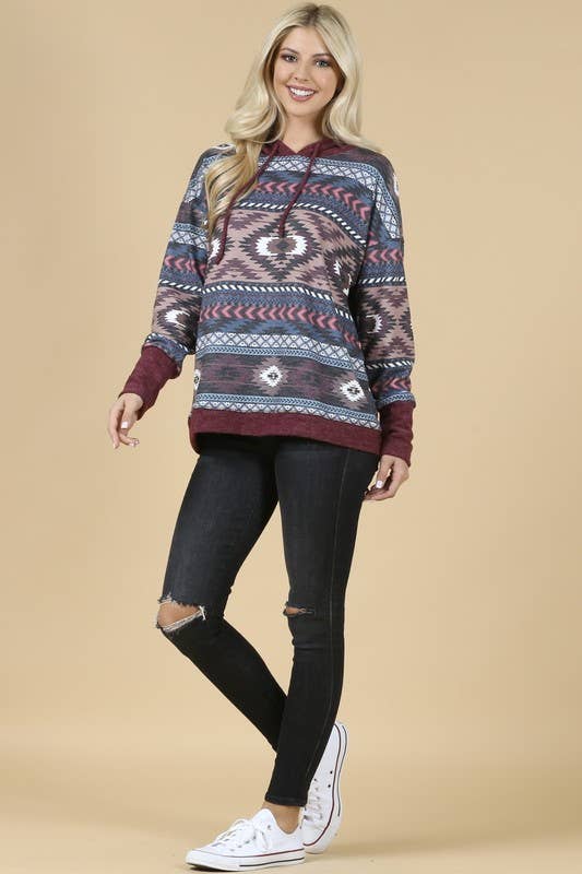 KC020-TANIA AZTEC PRINT COLOR BLOCK HOODIE