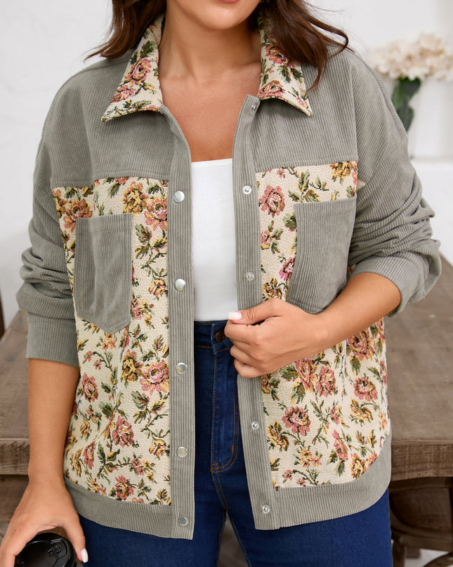 Medium Grey Corduroy Floral Patchwork Vintage Jacket