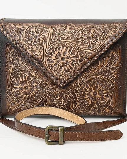 ADBGZ754 Envelope Hand Tooled Leather Wallet Bag - Western Floral Whipstitch Purse
