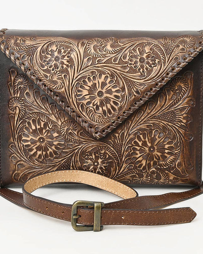 ADBGZ754 Envelope Hand Tooled Leather Wallet Bag - Western Floral Whipstitch Purse