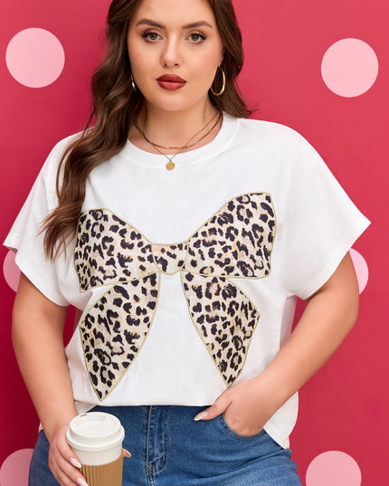 White Plus Size Leopard Bow Embroidered Patch Casual T Shirt