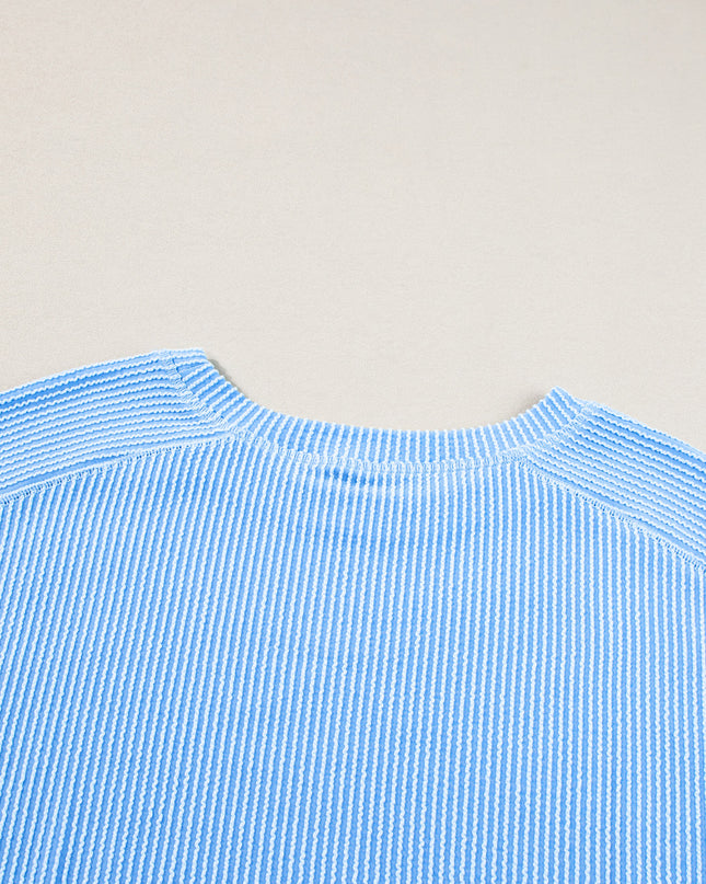 Light Blue Plus Size Ribbed Long Sleeve Top and Drawstring Shorts Set