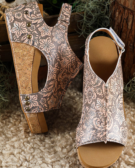Brown Vintage Floral Leather Rivet Hollowed Platform Sandals