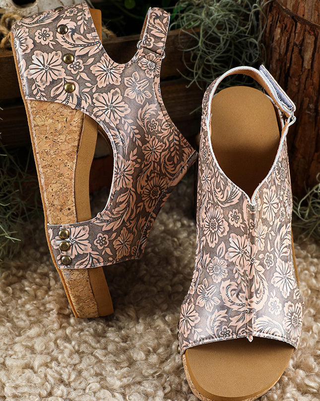 Brown Vintage Floral Leather Rivet Hollowed Platform Sandals