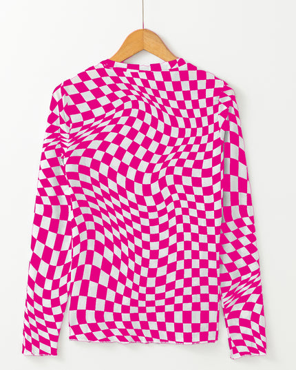 Rose Checkered Pattern Mesh Mock Neck Long Sleeve Top