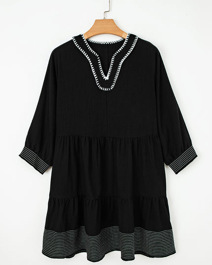 Black Contrast Stitched V Neck 3/4 Sleeve Tiered Mini Dress