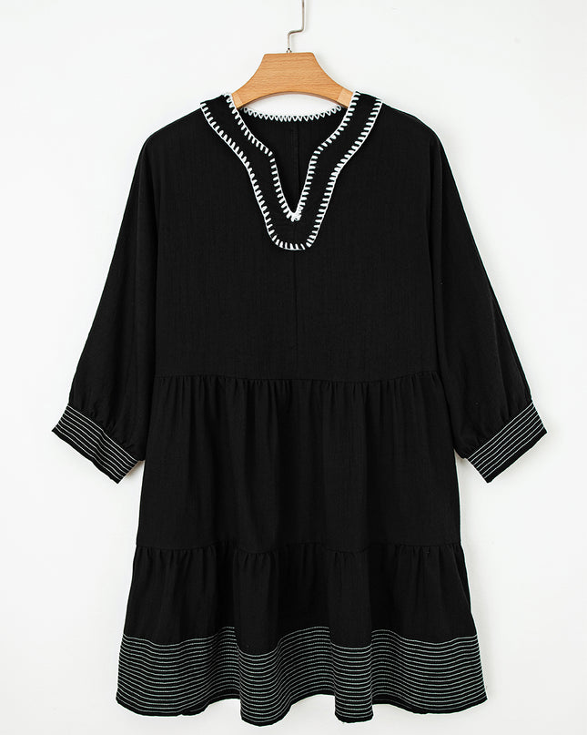 Black Contrast Stitched V Neck 3/4 Sleeve Tiered Mini Dress