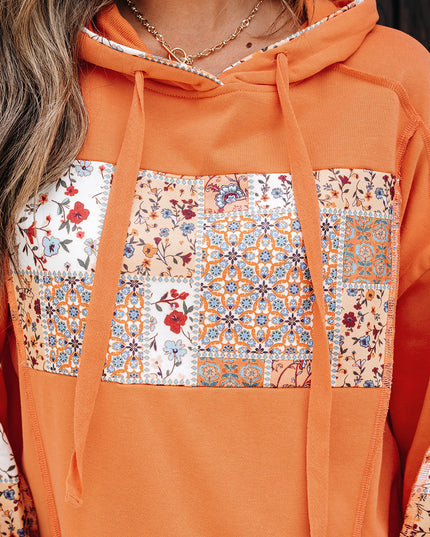Flamingo Mix Floral Patchwork Side Slit Drawstring Hoodie