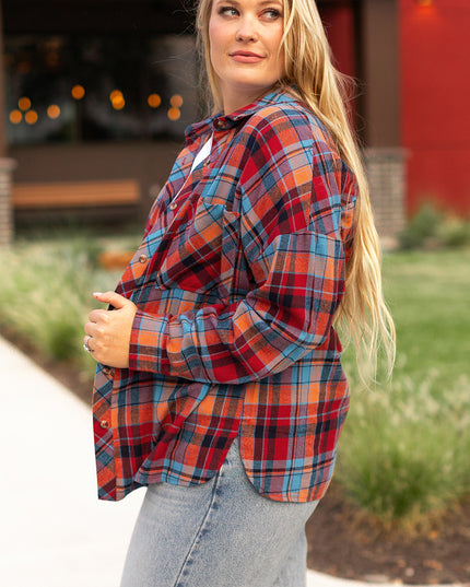 Red Plus Size Plaid Print Buttoned Shirt