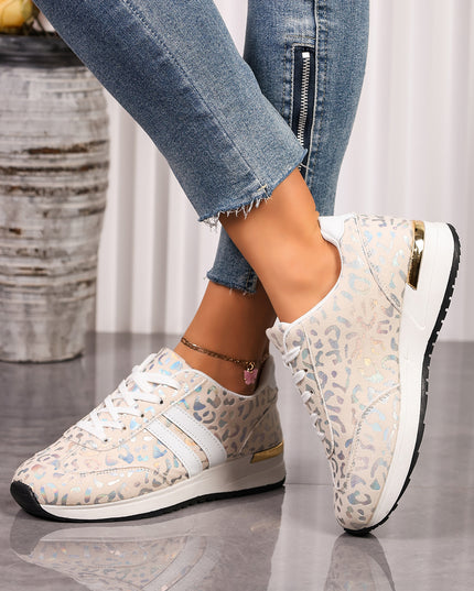 White Leopard Print Lace-Up Low-Top Sneakers with Rubber Sole