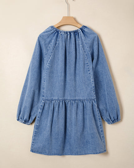 Myosotis Puff Sleeve V Neck Ruffled Loose Denim Mini Dress