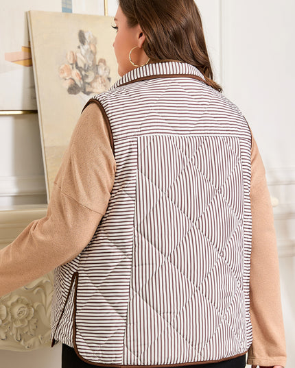 Brown Stripe Quilted Wavy Hem Snap Button Plus Size Vest