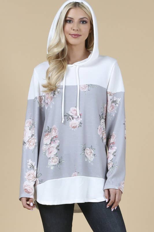 X167-DANA FLORAL PRINT COLOR BLOCK HACCI HOODIE